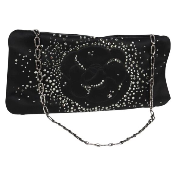 CHANEL Camellia Rhinestone Chain Accessory Pouch Satin Black CC Auth 128040V - Picture 1 of 15